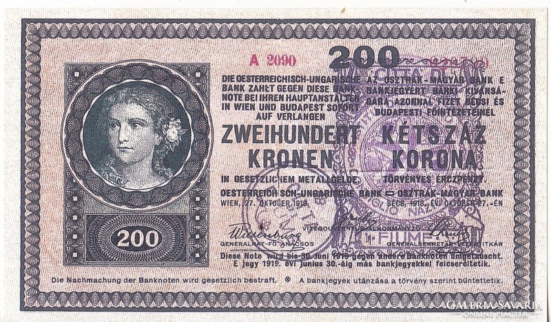 Magyarország 200 korona REPLIKA Fiume felűlbélyegzéssel1918 UNC