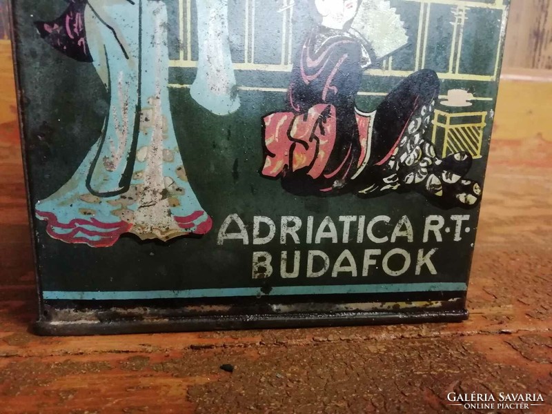 Old tin tea box, adriatica rt. Budafok box with nice graphics, decorative item, 20. Sz first up