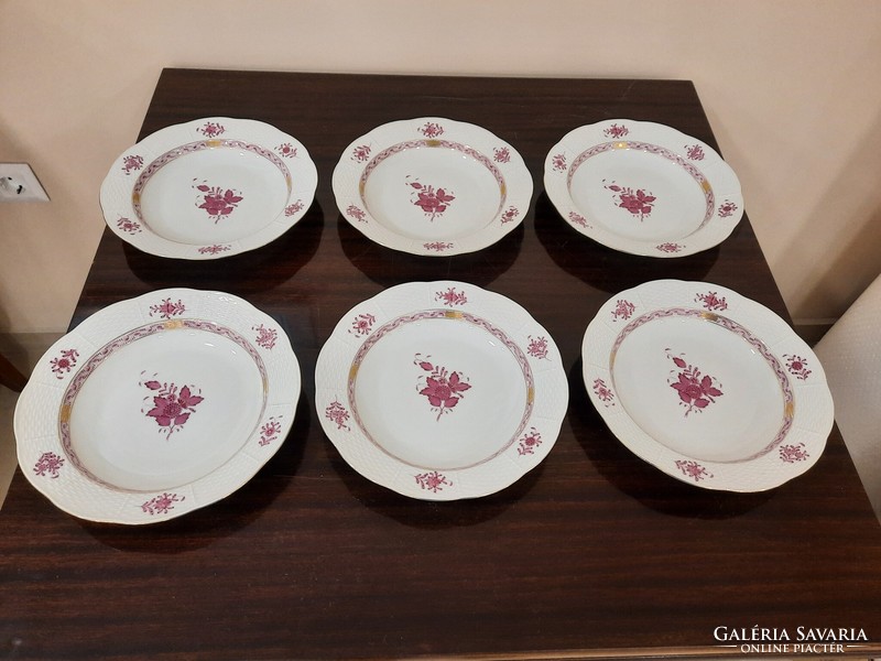 6 Herend pur-pur Appony pattern deep soup plates