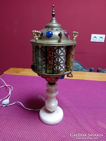 Turkish or Moroccan jeweled brass and alabaster table lamp