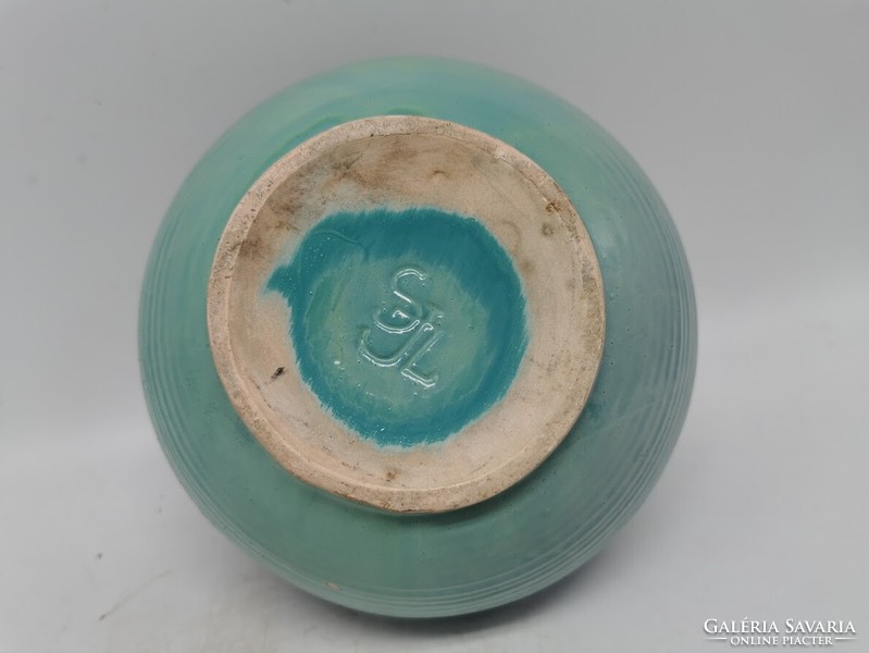 16 Cm retro vase, turquoise-blue ceramic, marked
