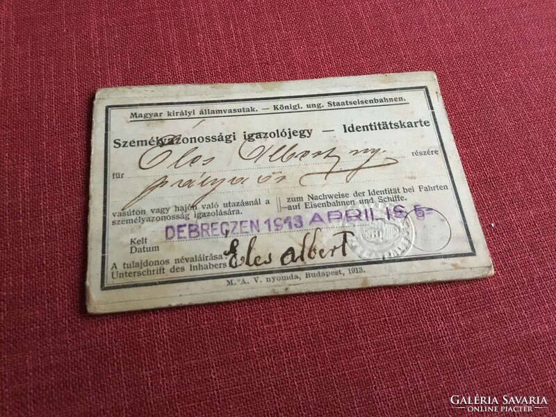 Személyazonossági igazolójegy 1913 - ból, Magyar Királyi Államvasutak