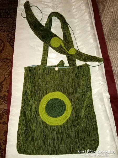 Green velvet bag and belt with wool needlepoint decoration
