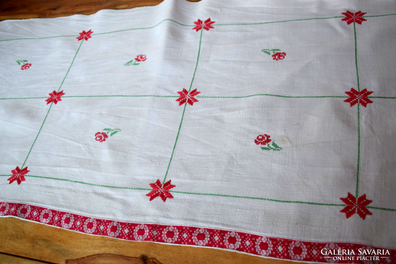 Old antique linen hand-embroidered folk wall protector tablecloth 120 x 49