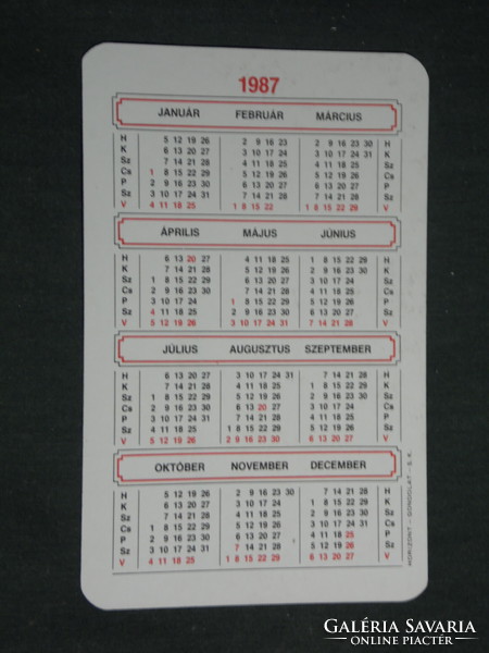 Card calendar, pannon globus metal steel wholesaler, Győr, 1987, (3)
