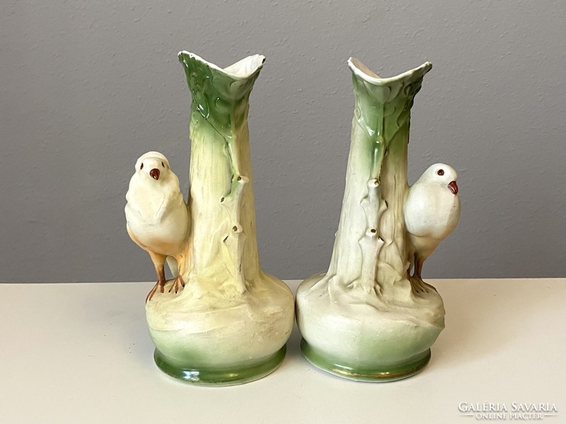 Pigeons painted antique faience vase in a pair 24 cm