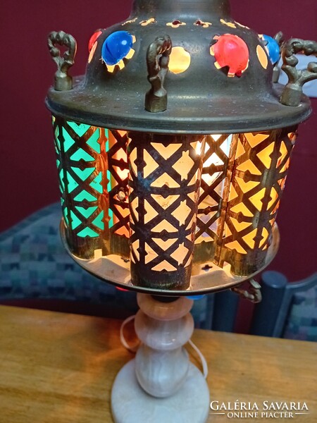 Turkish or Moroccan jeweled brass and alabaster table lamp