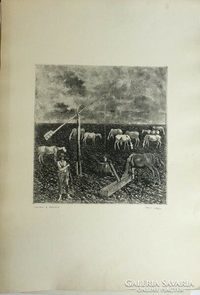 Gabor Gács etching! Horses on the prairie