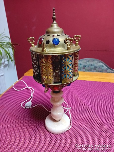 Turkish or Moroccan jeweled brass and alabaster table lamp
