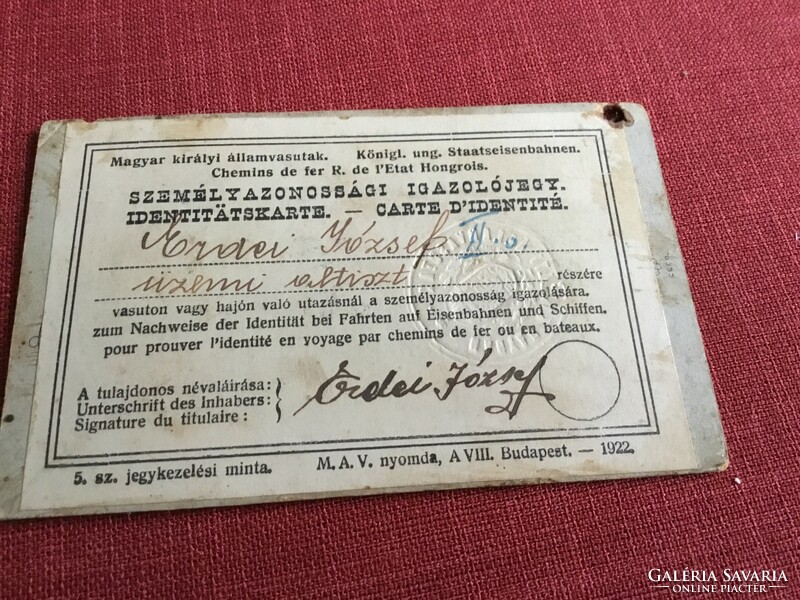 Személyazonossági igazolójegy 1922 -ből, Magyar Királyi Államvasutak