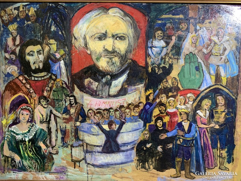 V. Barta Éva olaj, vászon festmény, Erkel himnusz ábrázolás, 50 x 70 cm-es.