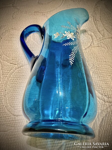 Beautiful blue painted huta glass jug for sale