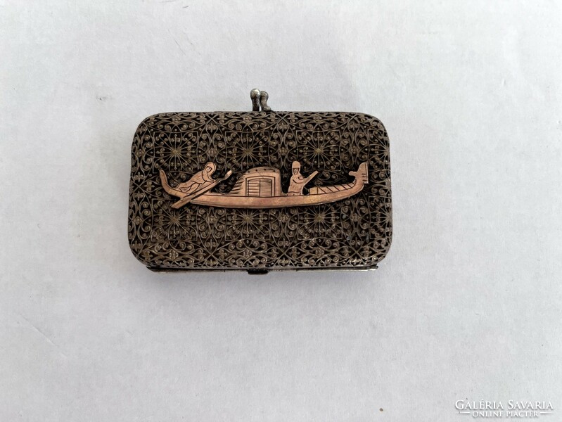 Small metal wallet with silk lining, decorated with an antique, old ship motif