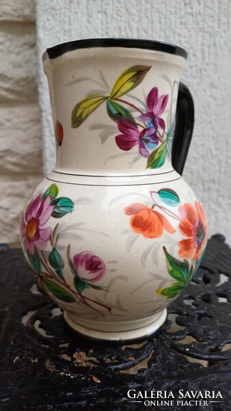 Antique Zsolnay ceramic jug, rare, z, w, Pécs, 1800s, 19th century, pink, painted butterfly