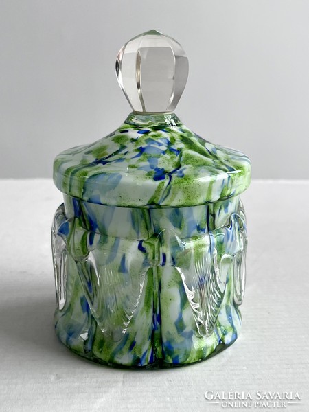 Antique, old greenish blue colored, multi-layered, Czech blown glass bonbonier, sugar holder