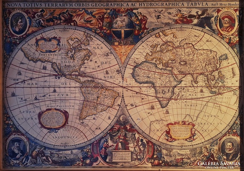 Canvas print from a medieval copperplate. A new geographic and hydrographic map of the entire world. Nándor Szilvásy