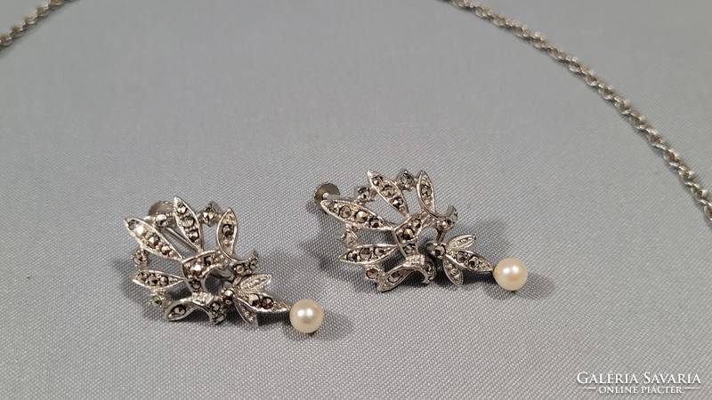 Silver necklace and earring set with real pearls and marcasite 25.49g