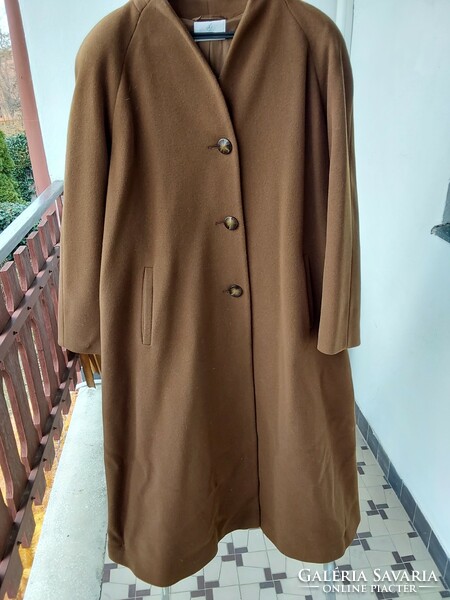 Elegant, long cocoa brown women's jacket with fur trim