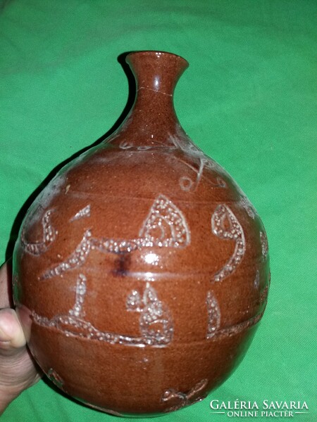 Antique Egyptian folk glazed engraved marked ceramic ornament belly drinking jar 22 x 19 cm as shown in the pictures