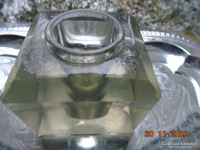 Solid glass cube inkwell polished to art deco sheet