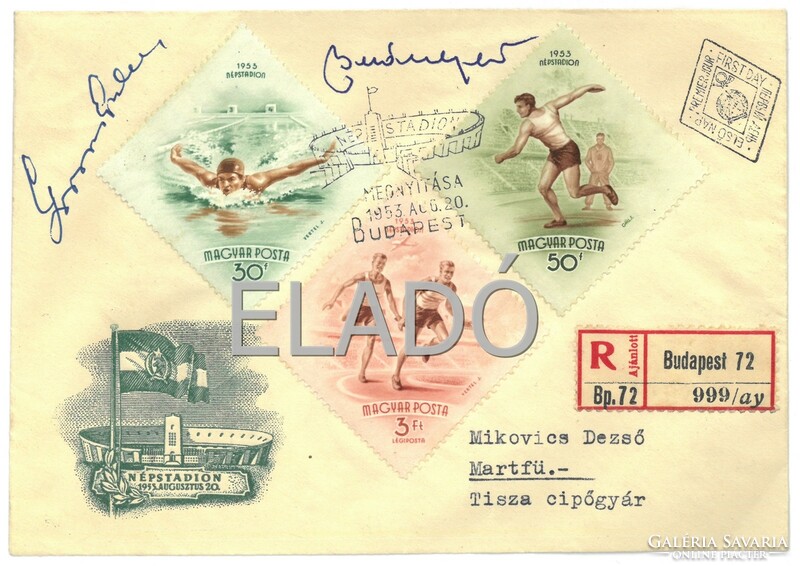1953 Aranycsapat Népstadion megnyitás dedikált emlékboríték alkalmi bélyegzéssel, bélyeggel