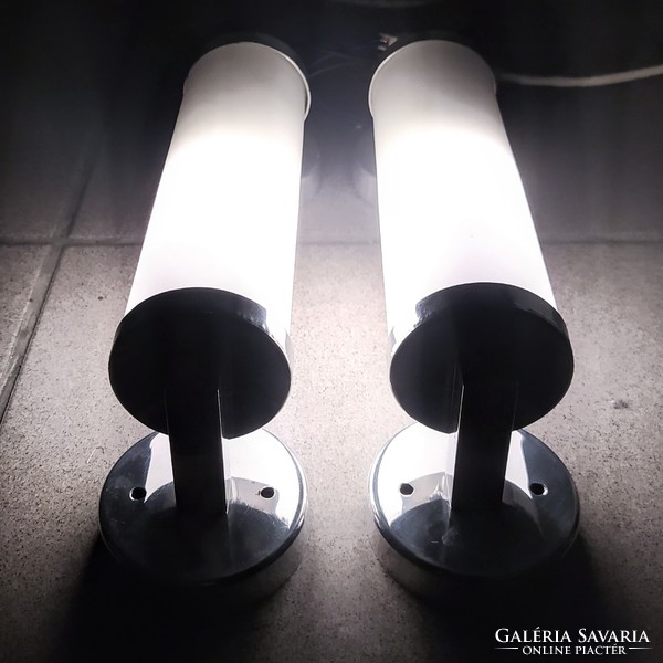 Bauhaus - pair of art deco wall tube lamps renovated - frosted milk glass cylinder shade