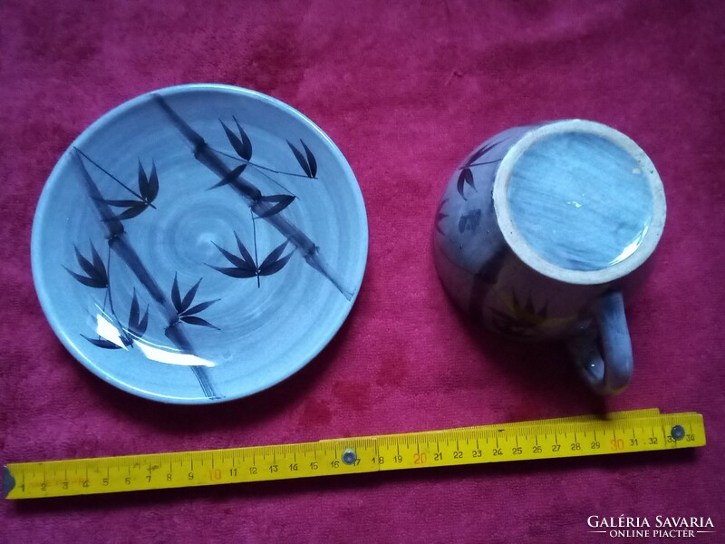 Ceramic bamboo patterned gray tea cup with coaster