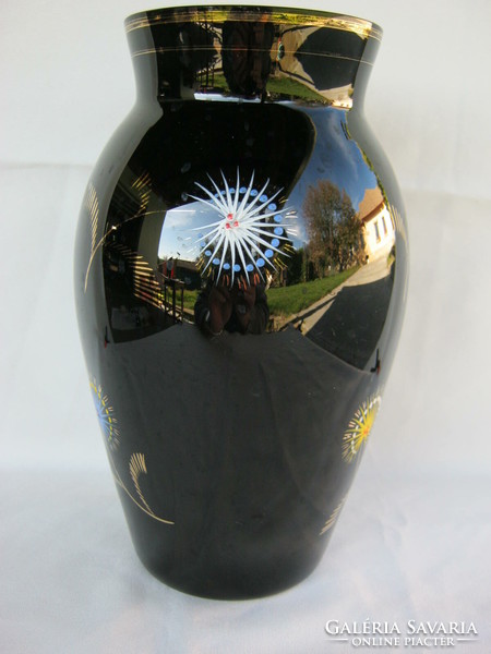 Black glass retro vase, large size 25 cm