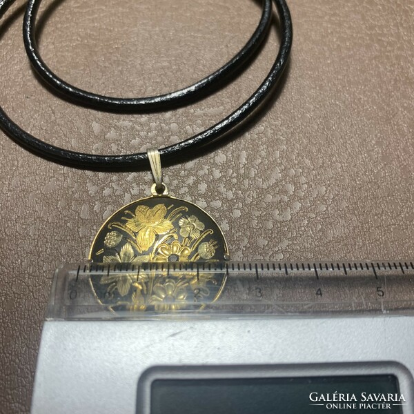 24 Carat gold-plated damascene pendant, vintage damascene necklace leather, Toledo Spanish jewelry,