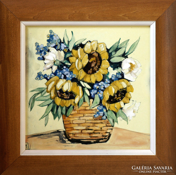 Margit Fehér: Sunflowers - fire enamel - framed 27x27cm - artwork 20x20cm - 188/314