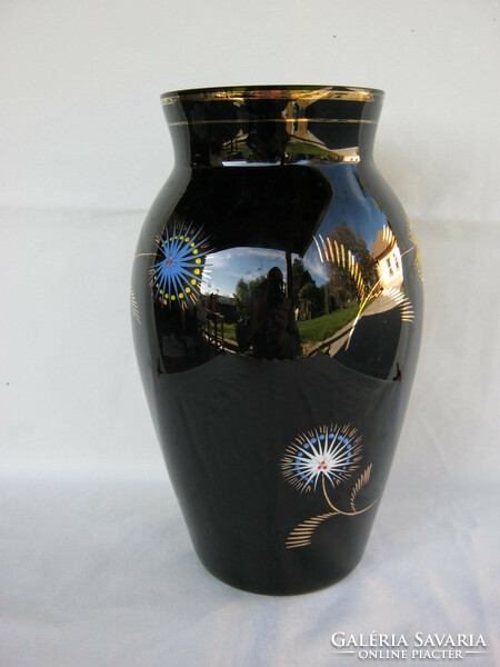 Black glass retro vase, large size 25 cm