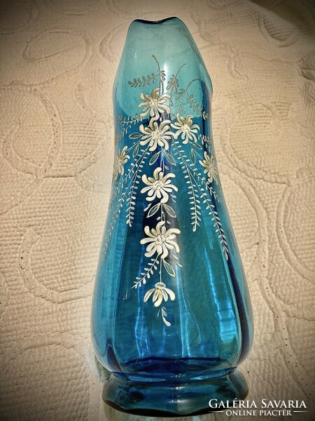 Beautiful blue painted huta glass jug for sale