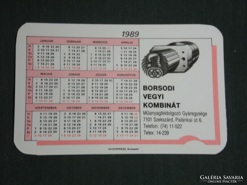 Kártyanaptár, Borsodi műanyag feldolgozó kombinát, Szekszárd, 1989,   (3)