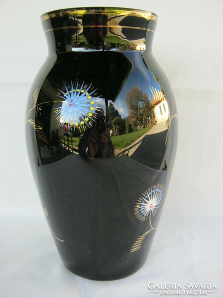 Black glass retro vase, large size 25 cm