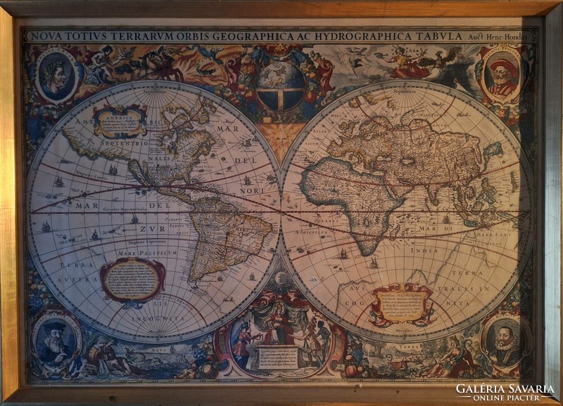 Canvas print from a medieval copperplate. A new geographic and hydrographic map of the entire world. Nándor Szilvásy