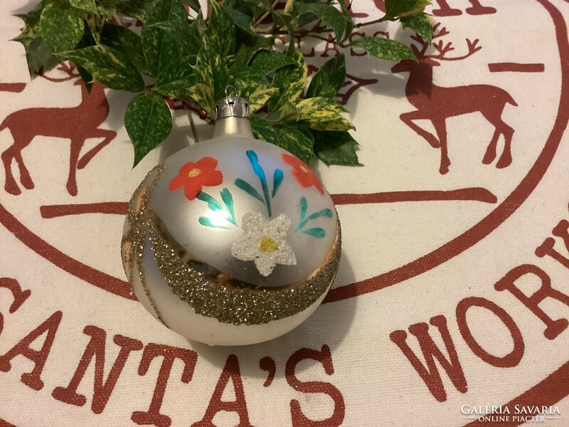 Old glass floral sphere Christmas tree decoration with silk shine