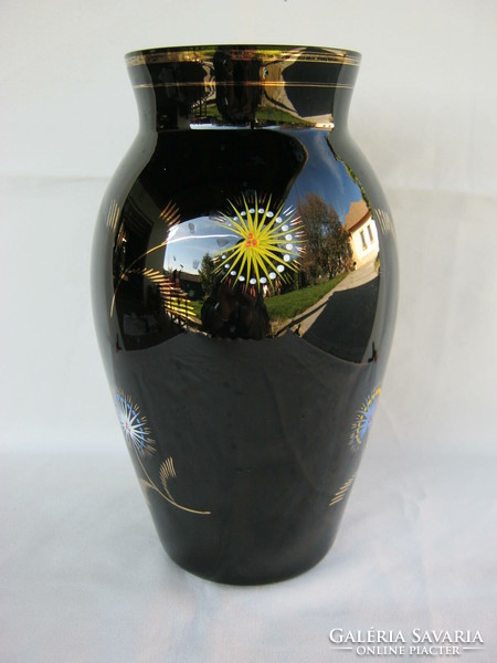 Black glass retro vase, large size 25 cm