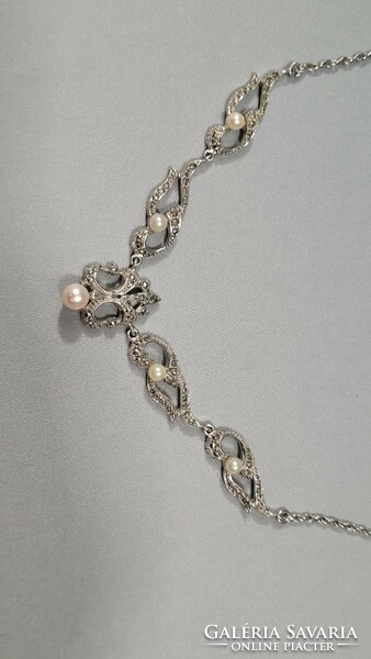 Silver necklace and earring set with real pearls and marcasite 25.49g