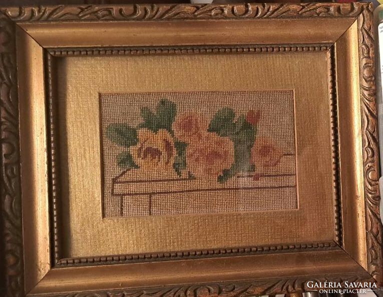 Antique silk needle tapestry, with original frame. I.
