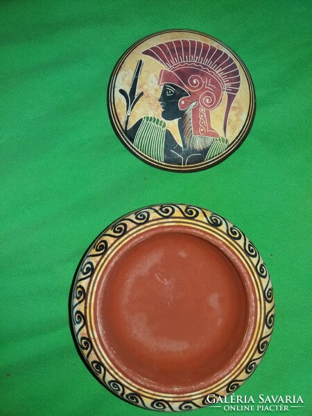 Antique ceramic Hellenic Greek circle-shaped decorative box bonbonier 11 cm according to the pictures