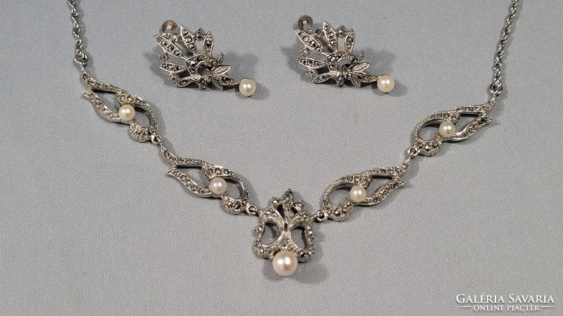 Silver necklace and earring set with real pearls and marcasite 25.49g