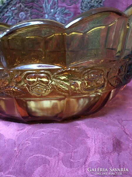 Csodaszép borostyán üveg asztalközép rózsás mintával