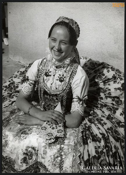 Larger size, photo art work by István Szendrő. Girl in national costume, skirt, colander