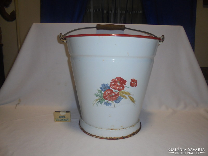 Old poppies, field flower enamel bucket 