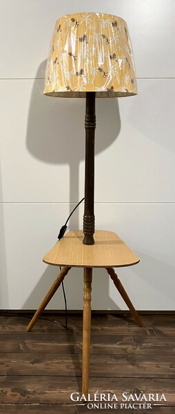 Old retro mid-century industrial floor lamp with 3-legged folding table - floor lamp