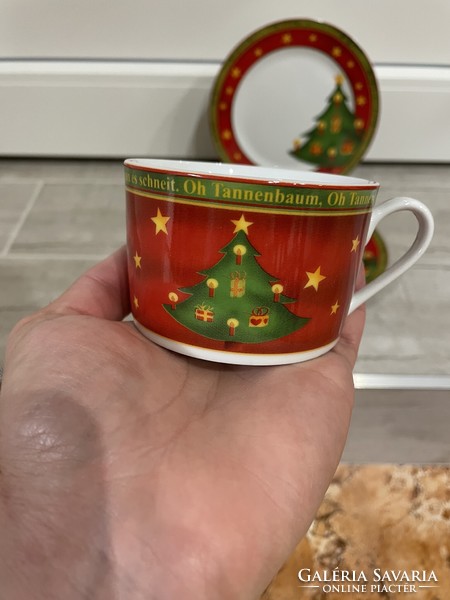 Gyönyörű trió karácsonyi mintás porcelán teás szett