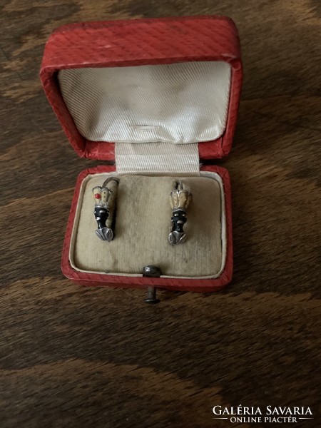 Antique silver enameled earrings with mint head