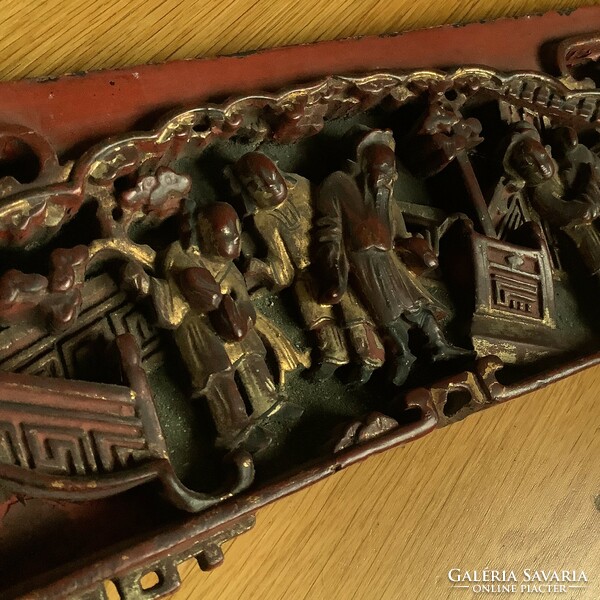 Antique Chinese wall decoration wood carving lacquered wood painted picture relief sculpture feng shui tao budha yoga