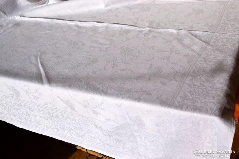 Rarity old antique large bird damask monogram tablecloth tablecloth tablecloth art deco 153 x 153 cm