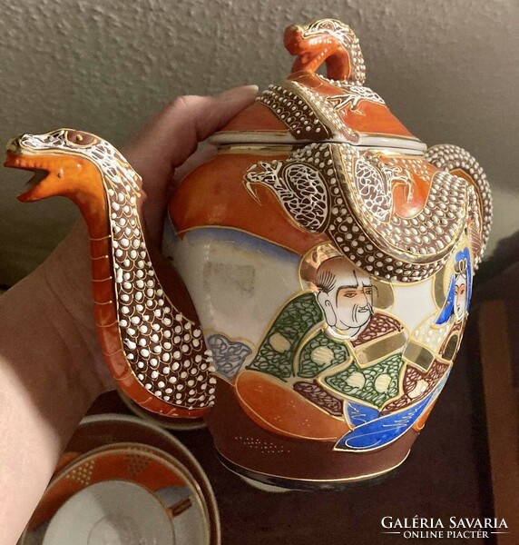 Satsuma Nippon Tokusei Dragonware japán tojáshéj litofán porcelán teás kávés készlet 1920